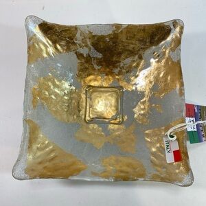 IL Quadrifoglio Glass Square Bowl Sparkling Silver & Gold 7.7x7.7” Hand Painted
